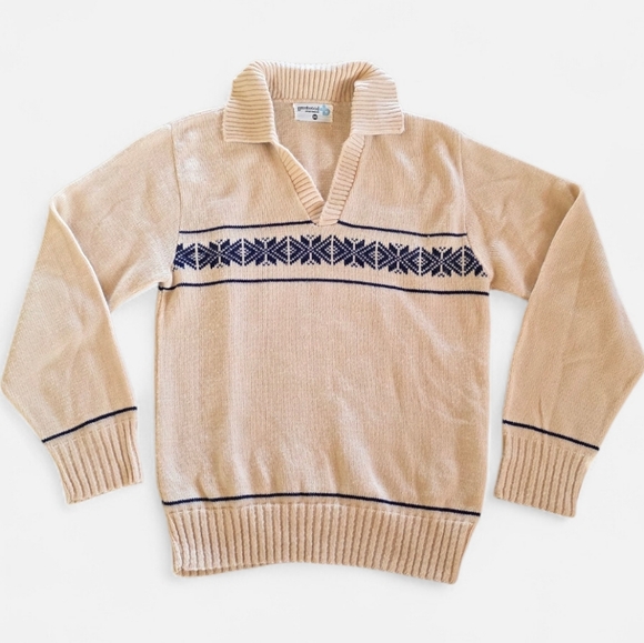 Brentwood Sweaters - Vintage 70s Brentwood Sportwear Ski Sweater Tan Blue Womens Medium